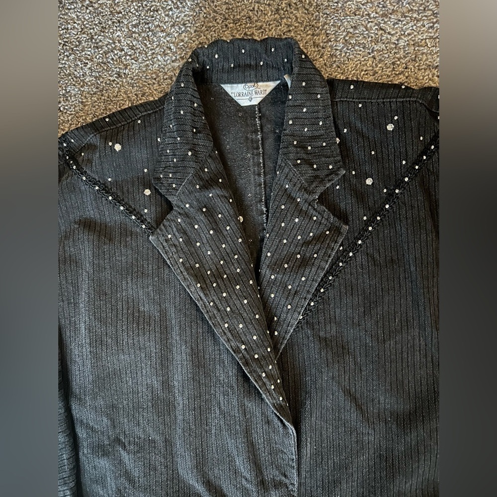 5/$25 Vintage Opal by Lorraine Wardy black pinstriped denim jacket size medium - Picture 4 of 13